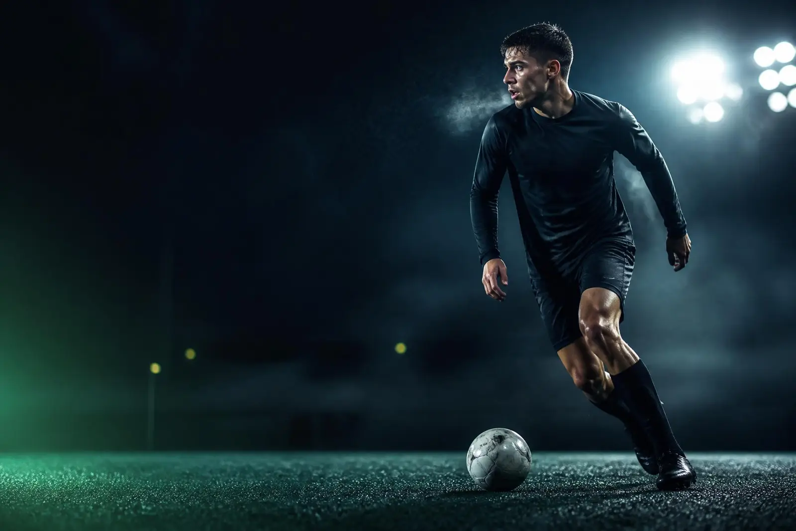 Footballer driving forward with the ball under stadium floodlights at night